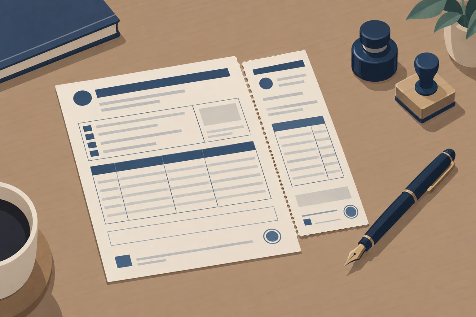A document with a perforated tear-off stub beside the main sheet and a pen