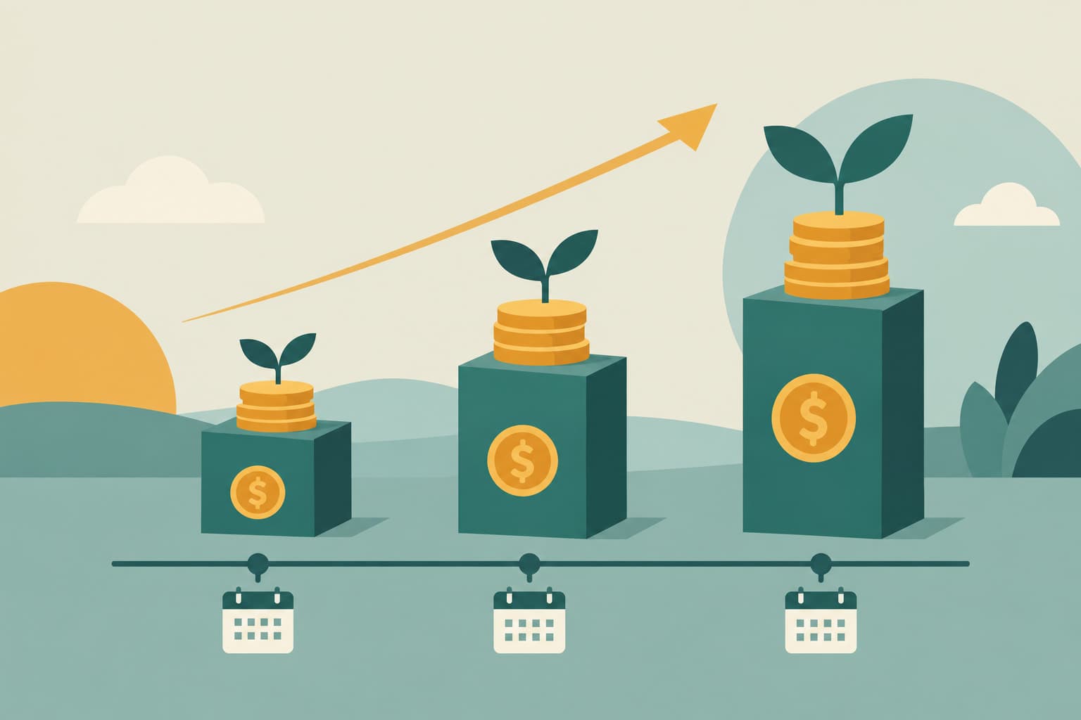 A stepped chart of funding blocks growing across three years
