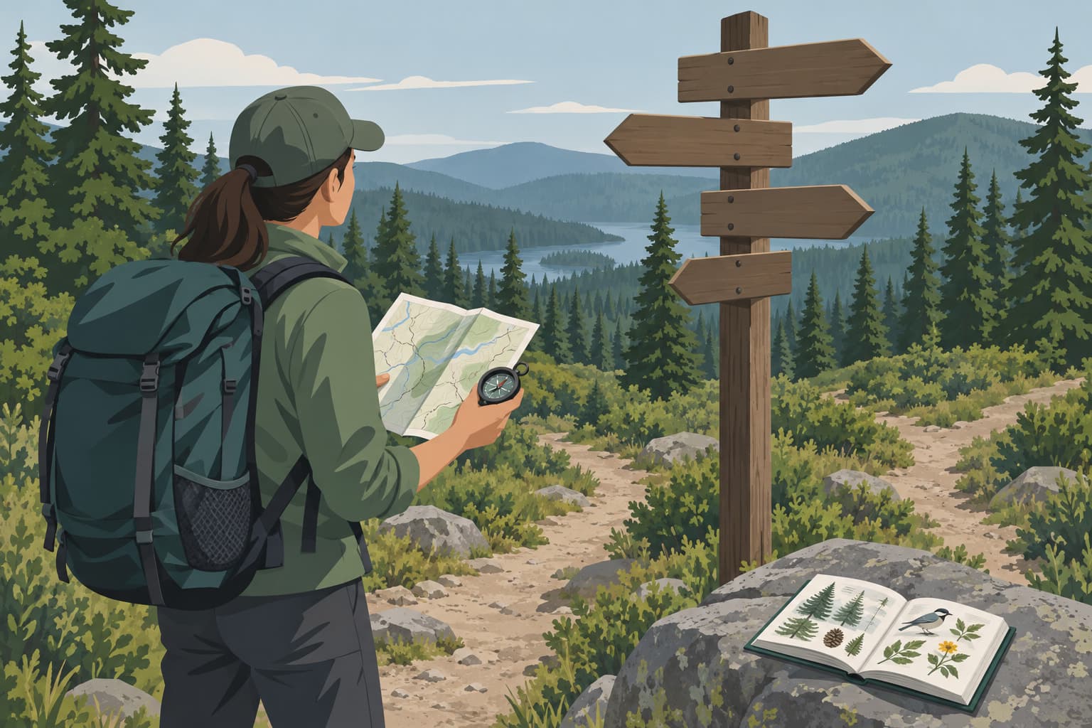 Hiker with a map and compass at a wooden trail junction, a pocket field guide open on a rock beside the path
