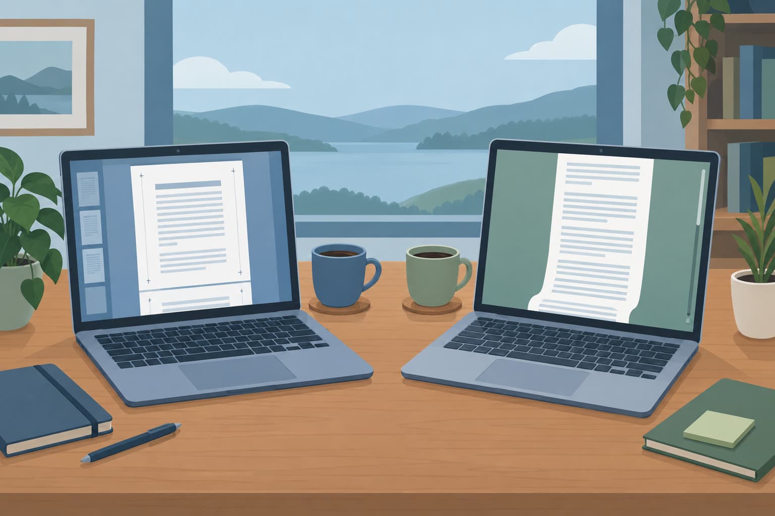 Two laptops facing each other on a shared table, one showing a paged layout and one a long scrolling page