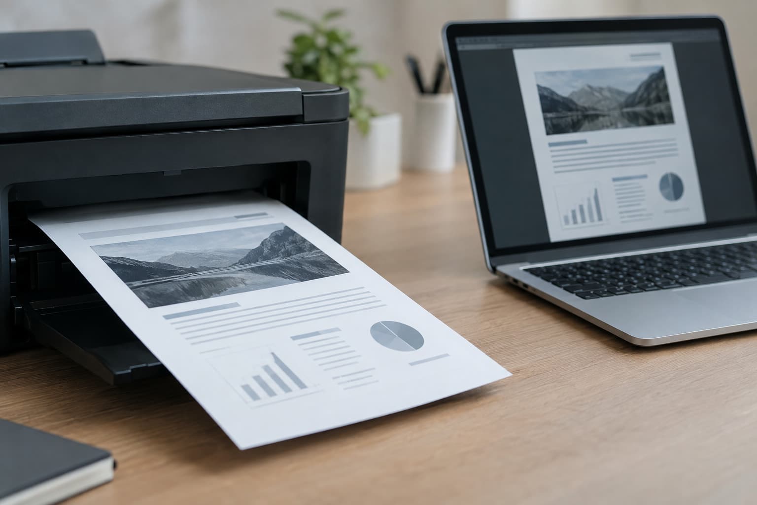 A printed page coming out of a printer beside a laptop showing the same page on screen