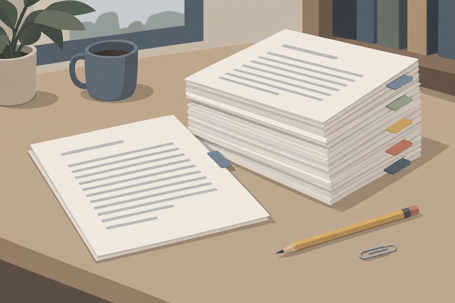 A stack of dated paper drafts on a desk with one earlier draft pulled out and set aside