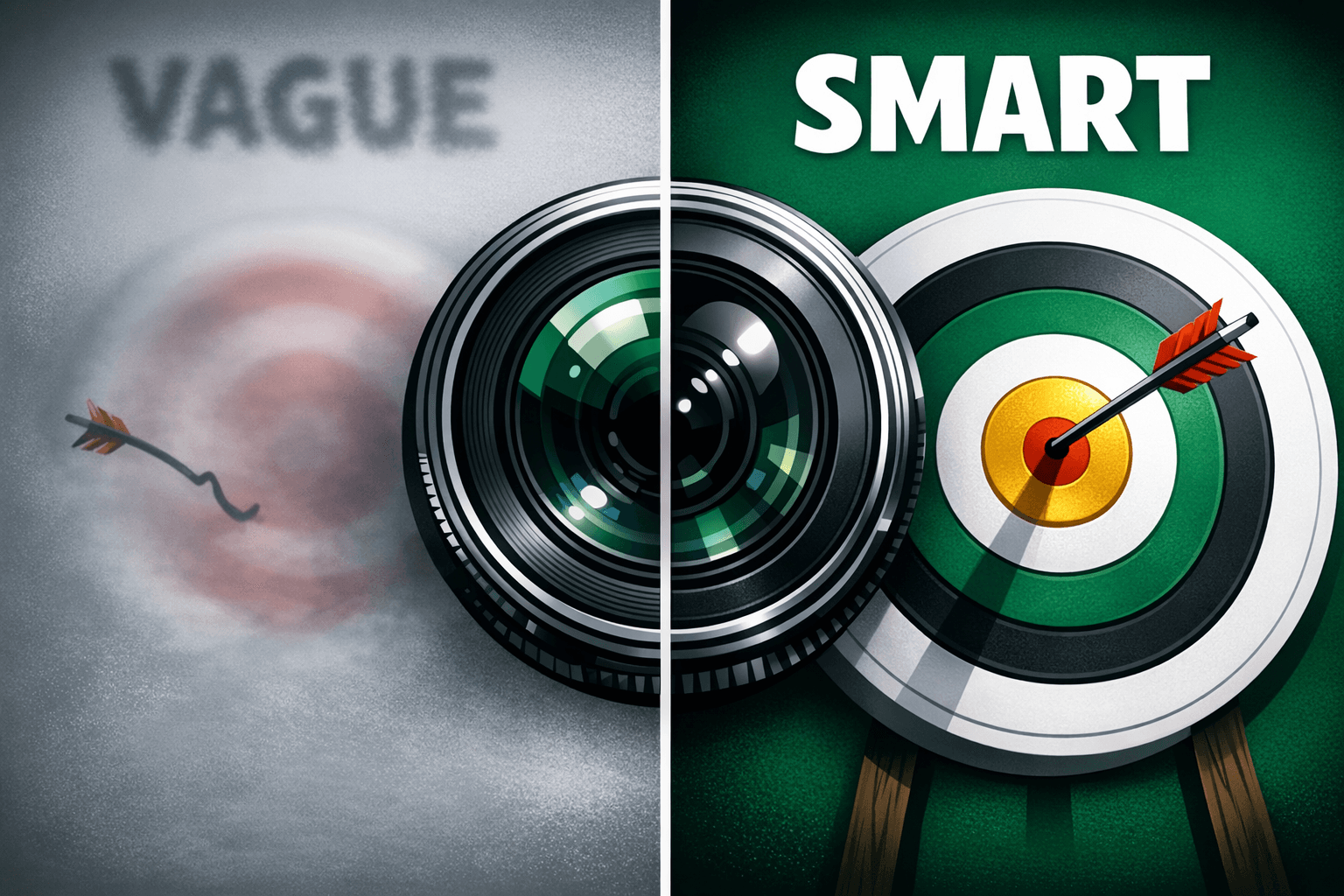 Vague vs SMART objectives shown as blurry vs sharp focus through a lens