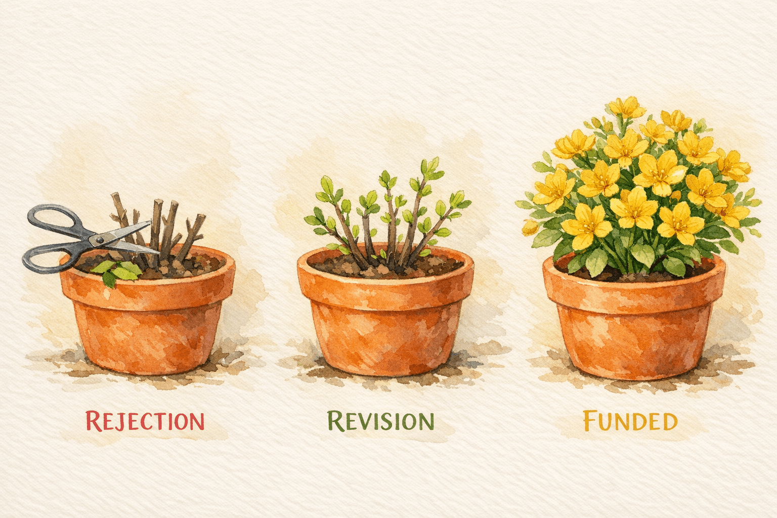 Learning from grant rejection illustrated as a plant growing stronger after being pruned