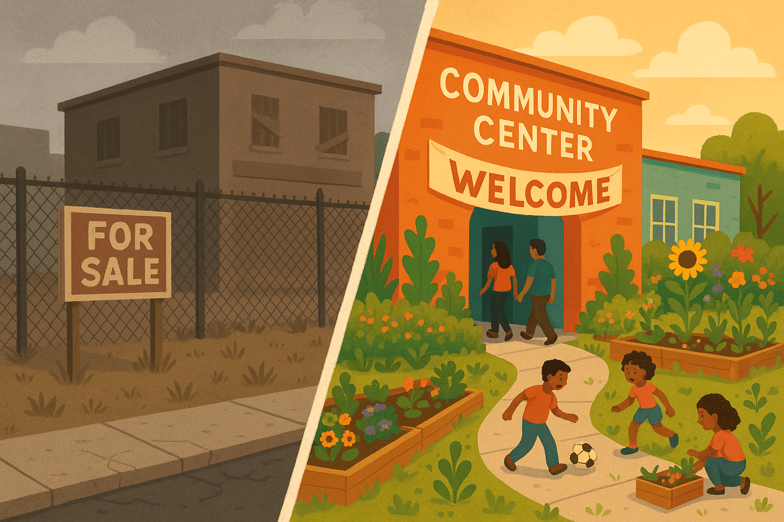 Before and after split image showing community transformation from vacant lots to thriving community space