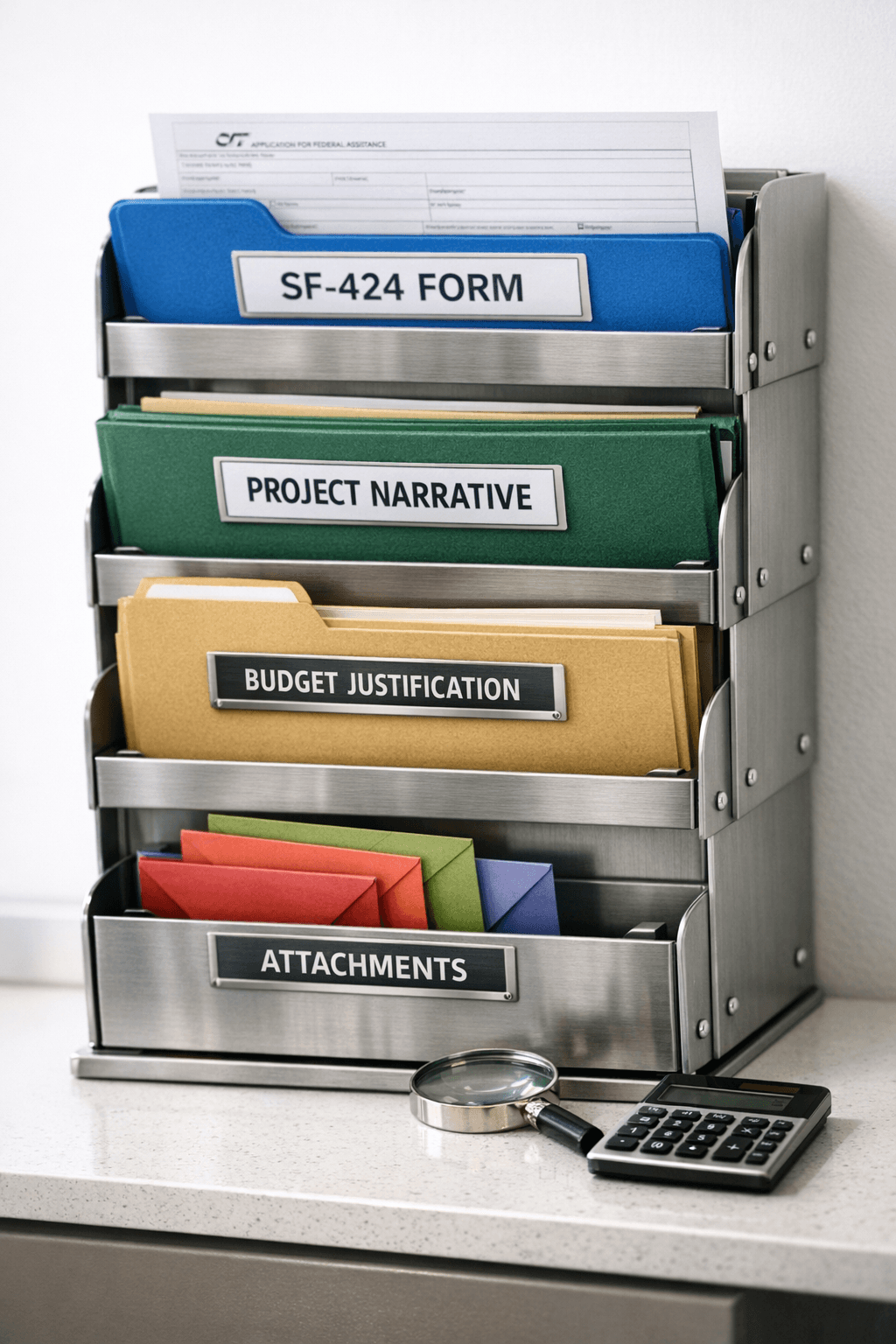 Federal grant application components organized as a structured filing system