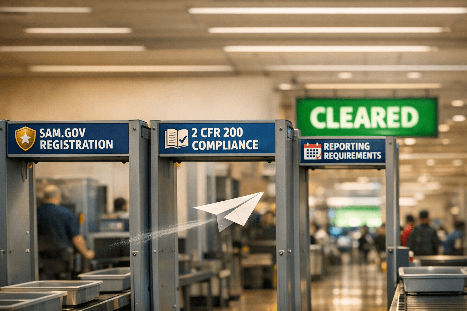Federal compliance requirements illustrated as a security checkpoint with clear steps