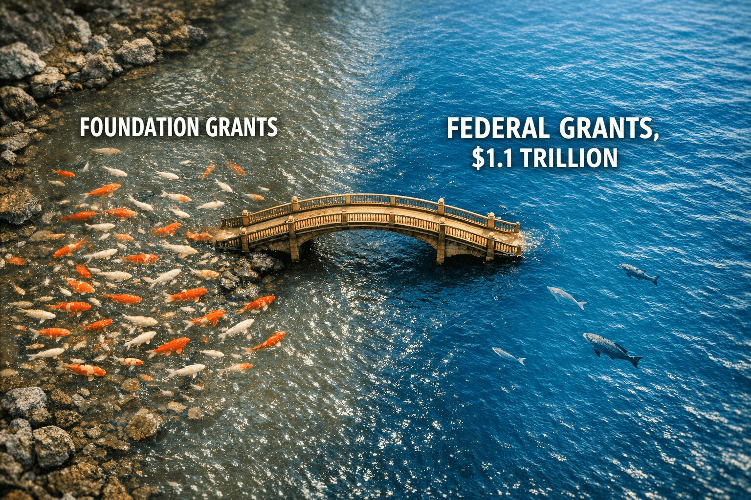 Federal funding gap illustrated as a large untapped pool while competitors crowd around a small one