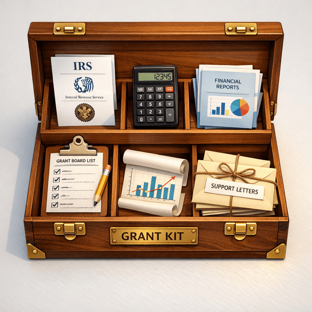 Pre-writing checklist items shown as tools organized in a grant writer's toolkit