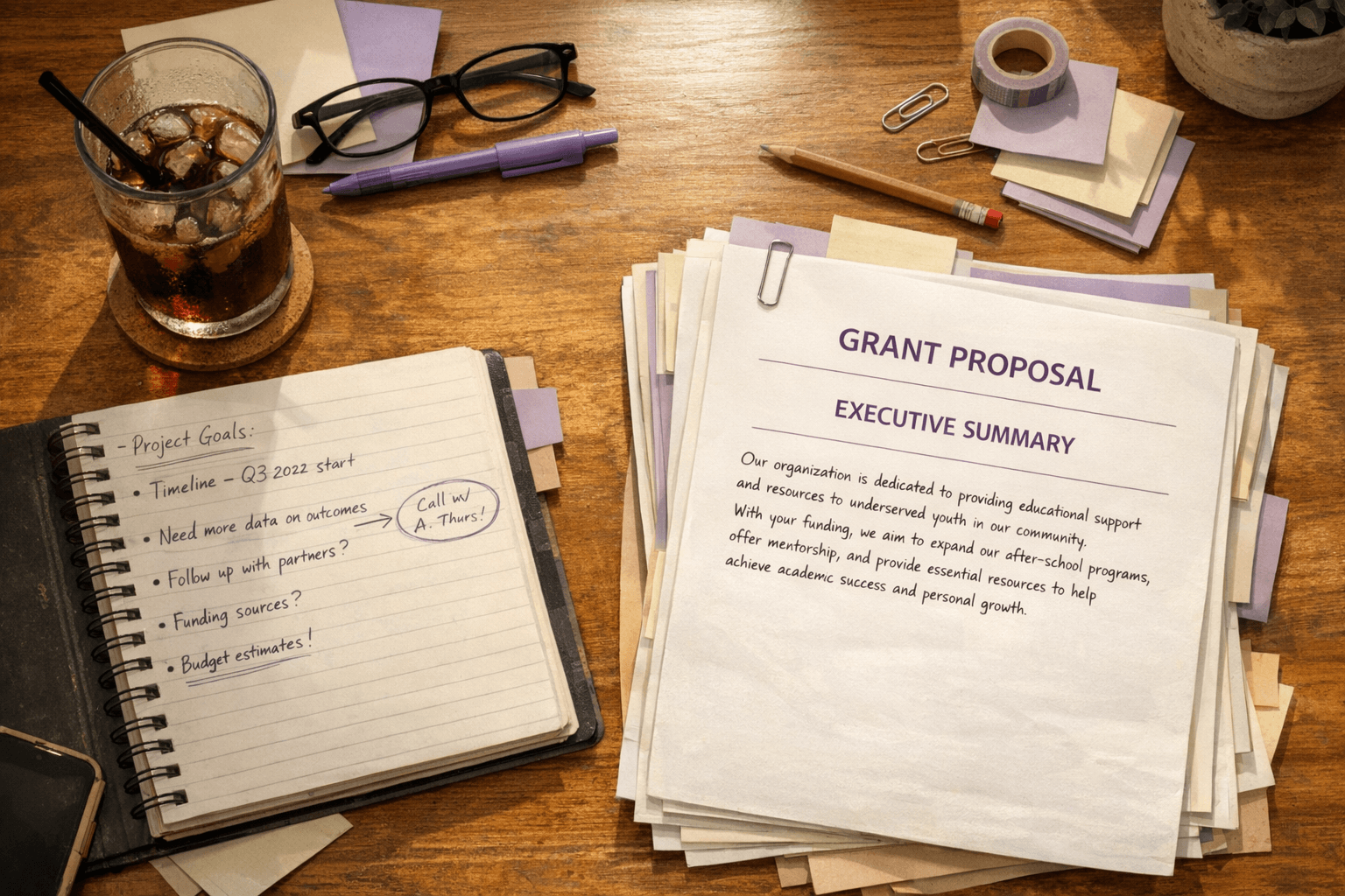 Program officer reviewing a stack of nonprofit grant proposals at a cluttered desk